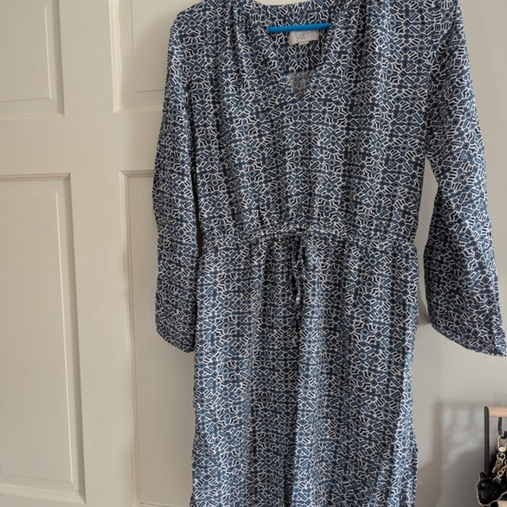 LOFT Geometric Print V-Neck Drawstring Midi Dress